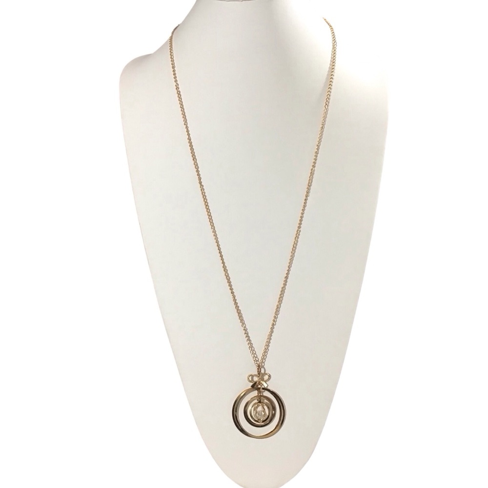 Circle Pendant Necklace Bow Caged Clear Faux Gem Gold Tone Chain Jewelry